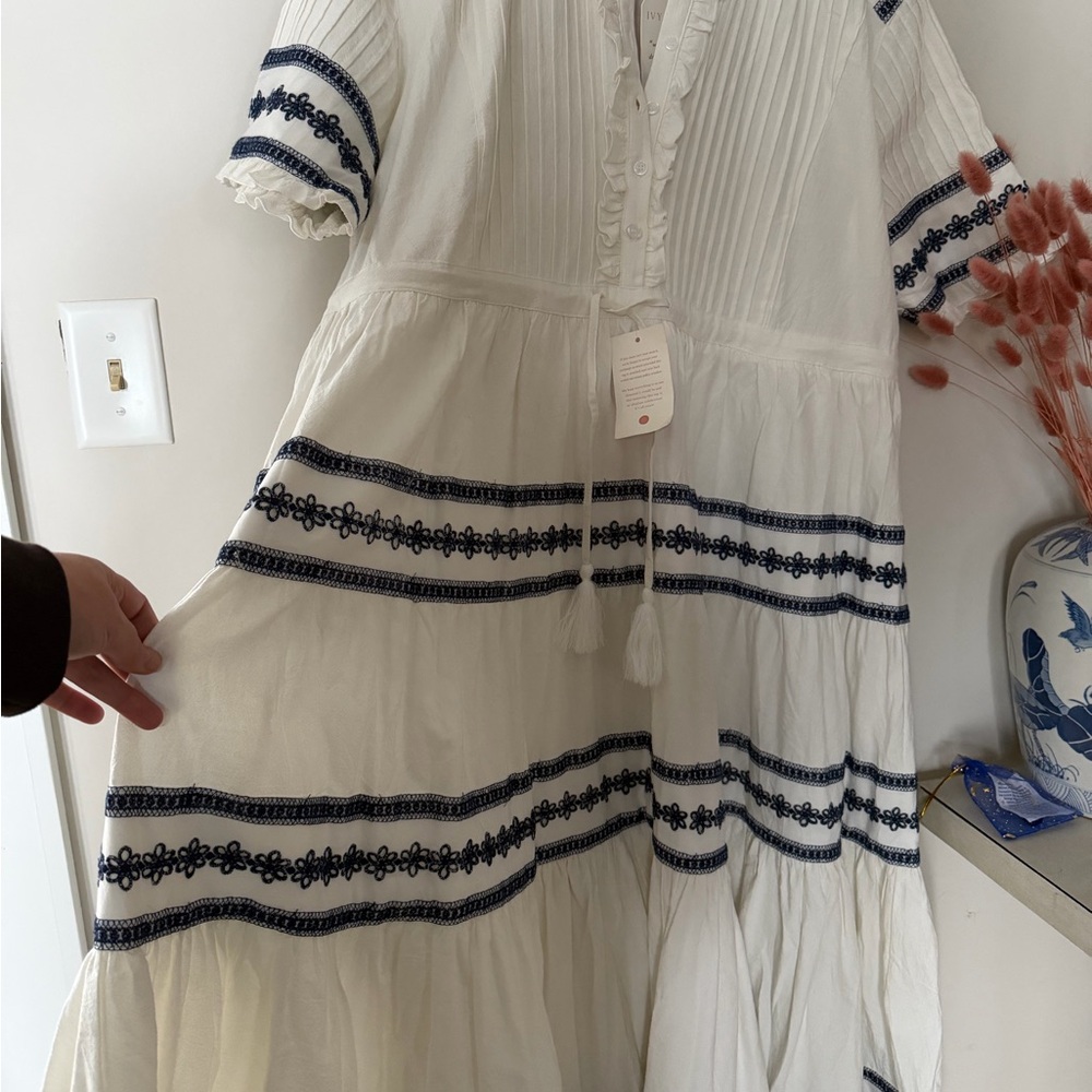 Elegant White and Blue Embroidered Dress - Picture 4 of 5